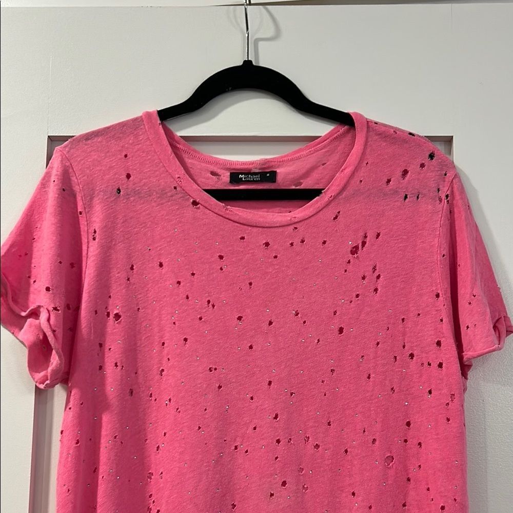 Michael Lauren Hot Pink Distressed Short Sleeve Tee - Picture 2 of 11
